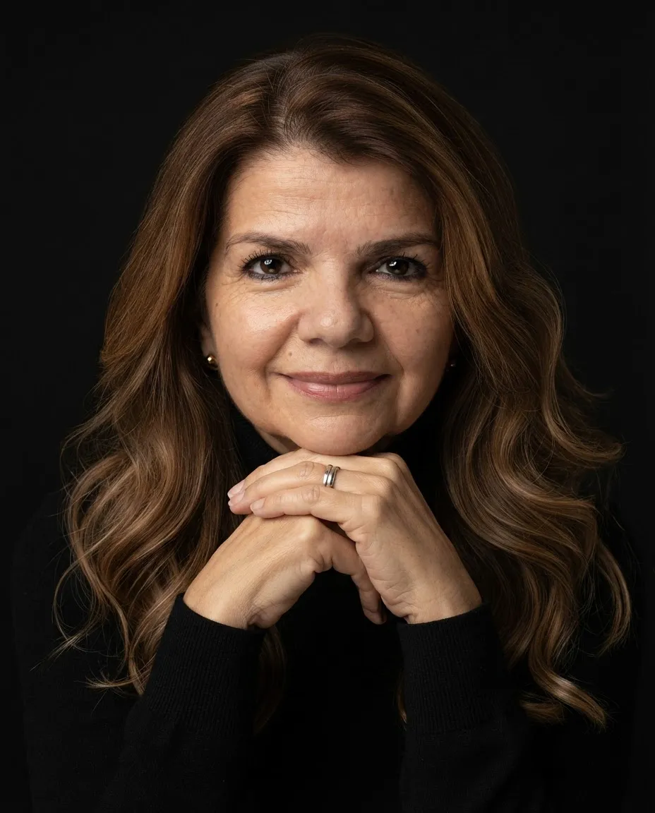 Retrato de Ana Lahor em luz lateral sobre fundo escuro