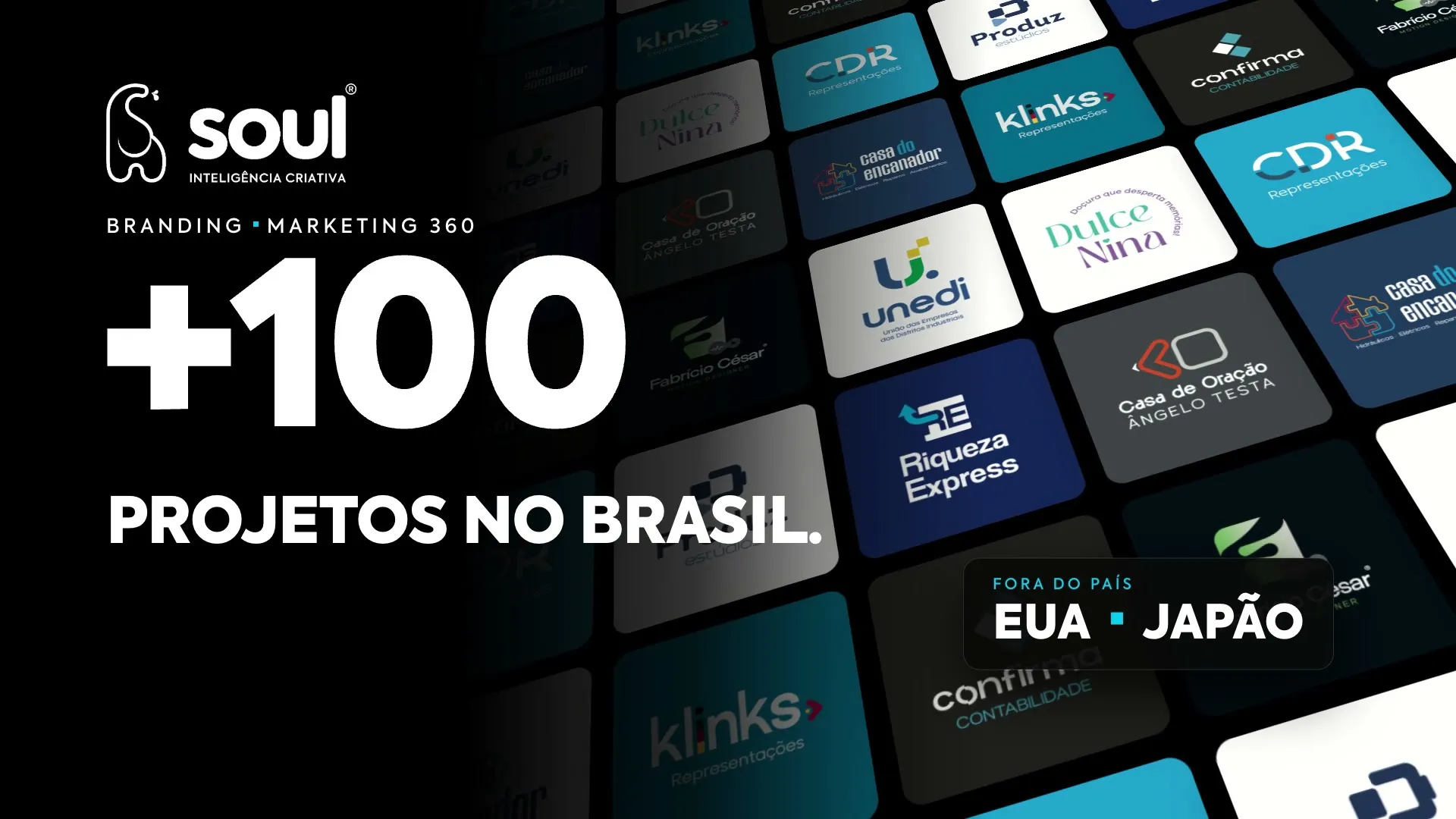 Quadro do filme da Soul Image.Lab: o contador chega a +100 projetos sobre um mosaico de logos de clientes, com o cartão EUA e Japão