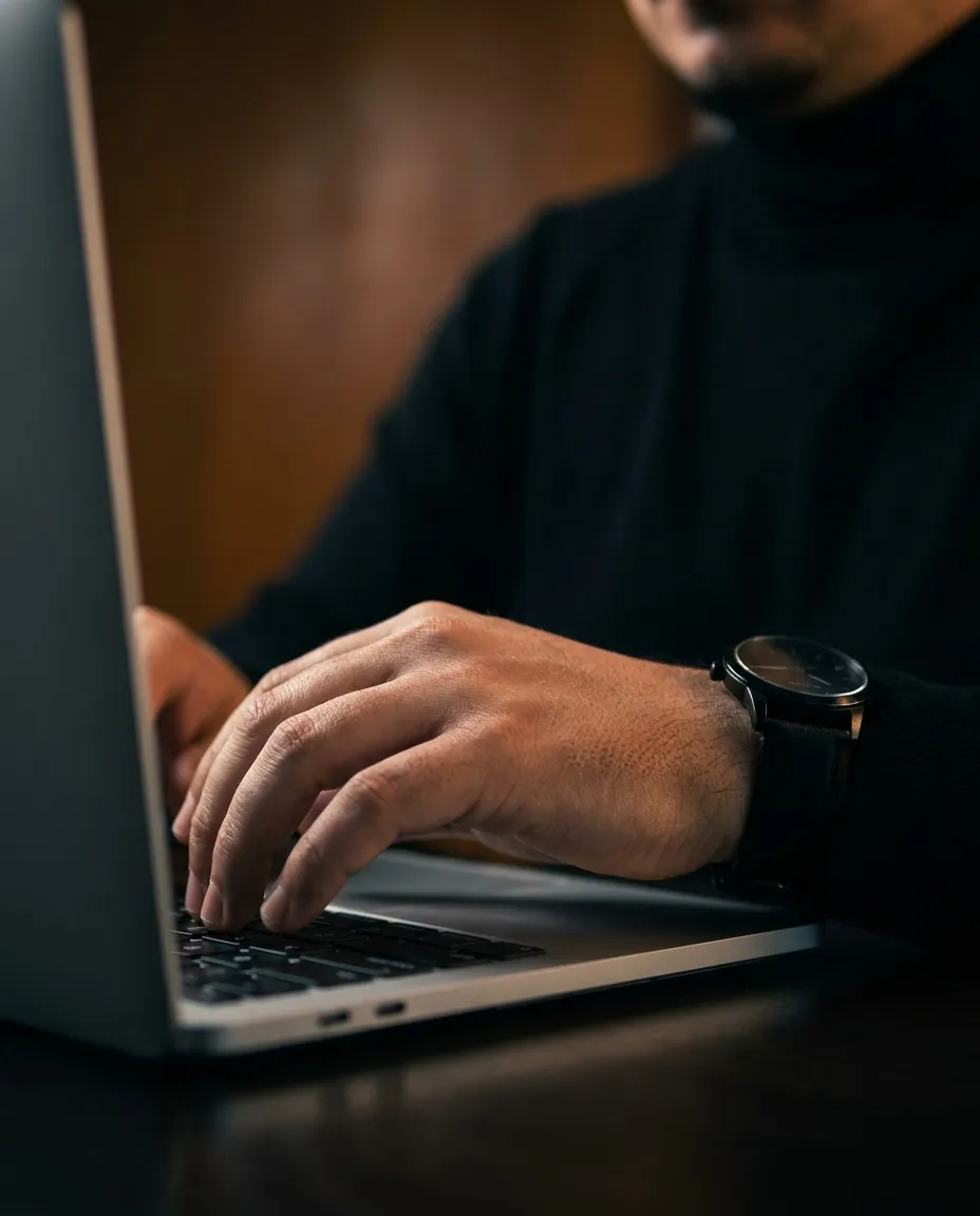 Mãos sobre o teclado de um notebook, em luz lateral sobre fundo escuro