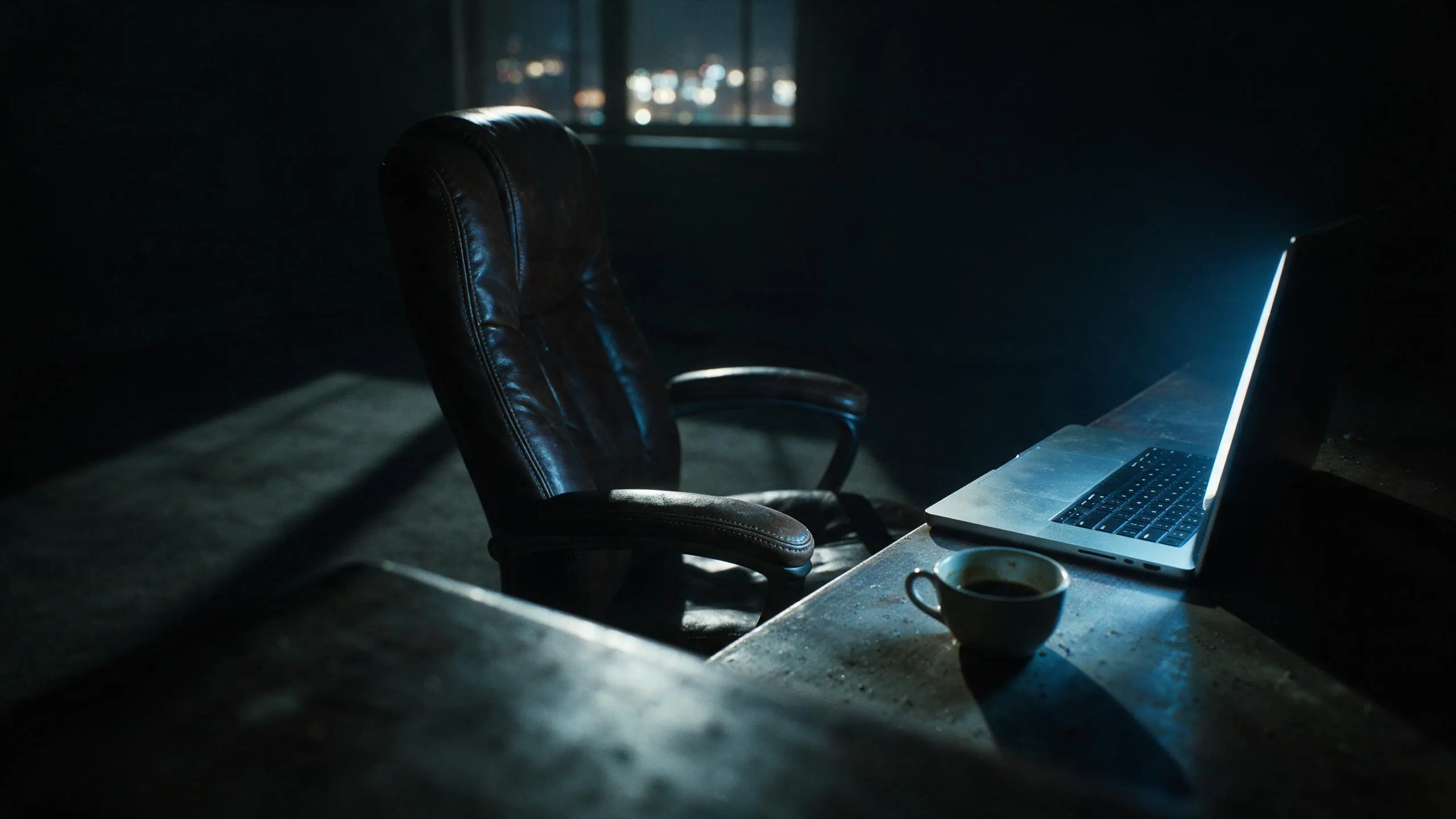 Escritório vazio à noite, cadeira afastada e um notebook ainda aceso sobre a mesa